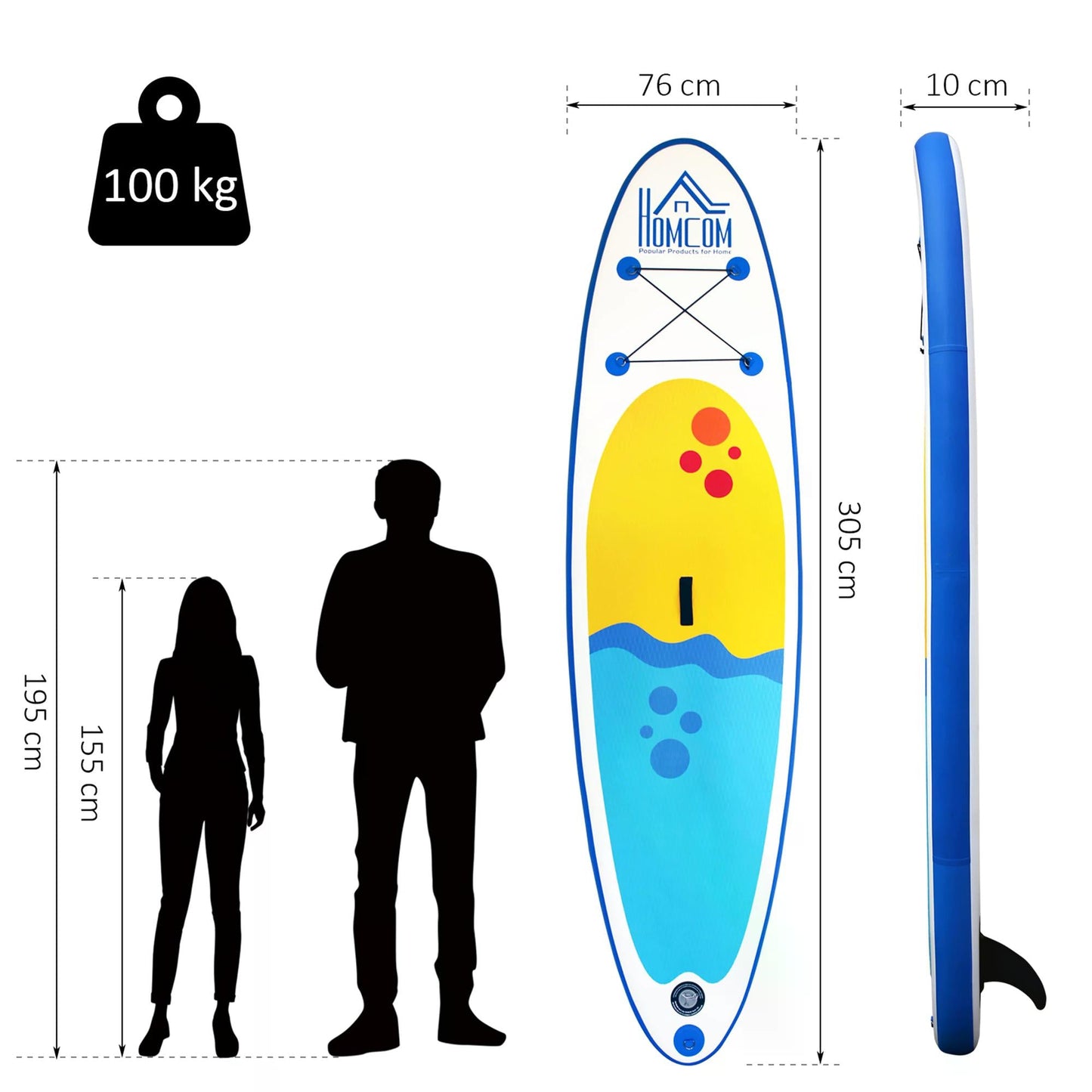 Inflatable Paddle Stand Up Board, Adjustable Aluminium Paddle Non-Slip Deck Board with ISUP Accessories & Carry Bag, 305L x 76W x 10H cm -Blue-2