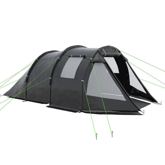 3-4 Man Tunnel Tent, Two Room Camping Tent with Windows and Covers, Portable Carry Bag, for Fishing, Hiking, Sports, Festivals - Black-0