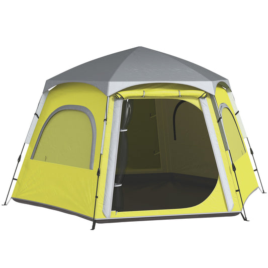 Instant Camping Tent, 2/3/4 Person Easy Setup Family Tent with Vestibule, Rainfly, 4 Mesh Windows & 2 Doors, Hexagonal Design, Waterproof UV Protected Dome Tent, Yellow Green-0