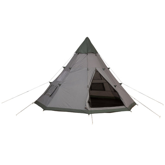 6 Men Tipi Tent, Camping Teepee Family Tent w/ Mesh Windows Zipped Door Carry Bag, Easy Set Up for Hiking Picnics Outdoor Night, Green, Grey-0