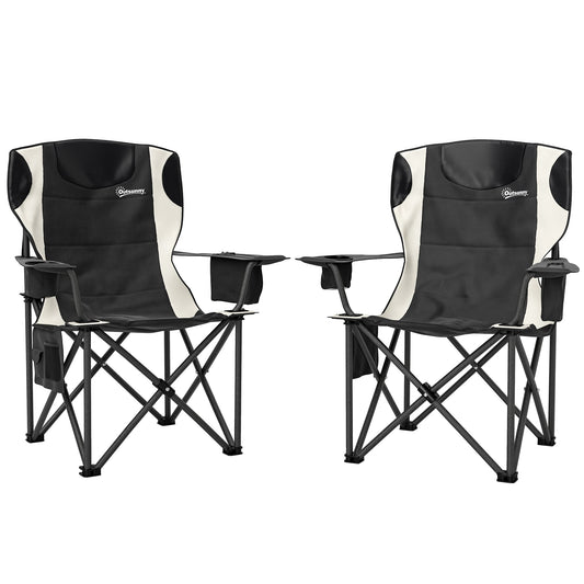 Set of 2 Folding Camping Chairs, Padded Camping Chairs with Adjustable Armrests, Portable & Lightweight Folding Camp Chair with Cooler Bag, Cup Holder and Side Pockets, Black-0