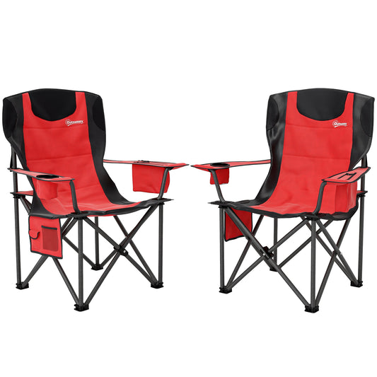 Set of 2 Folding Camping Chairs, Padded Camping Chairs with Adjustable Armrests, Portable & Lightweight Folding Camp Chair with Cooler Bag, Cup Holder and Side Pockets, Red-0
