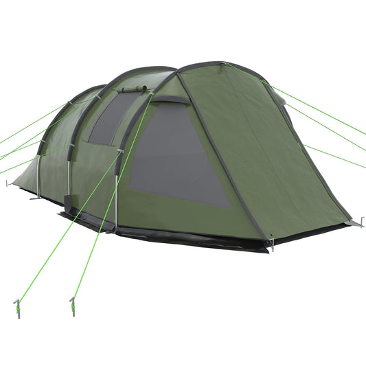 Two Room Tunnel Tent Camping Tent for 3-4 Man with Windows, Covers, Carry Bag, for Fishing, Hiking, Sports, Green-0
