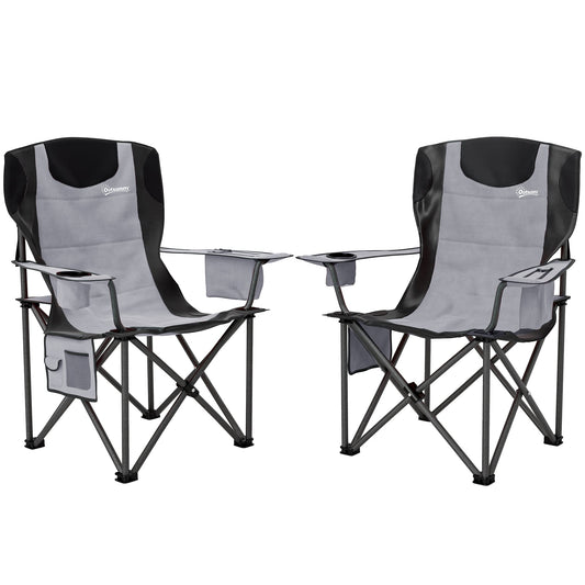 Set of 2 Folding Camping Chairs, Padded Camping Chairs with Adjustable Armrests, Portable & Lightweight Folding Camp Chair with Cooler Bag, Cup Holder and Side Pockets, Grey-0